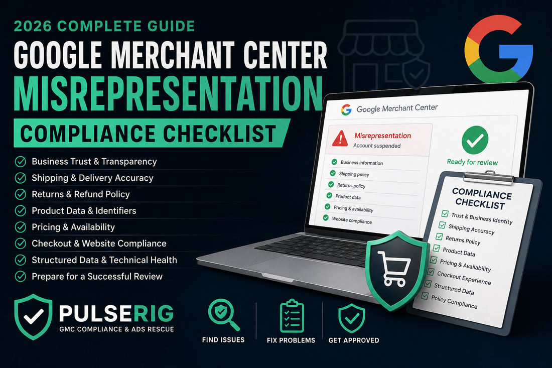 Google Merchant Center Misrepresentation compliance checklist 2026 by Pulserig covering business trust, shipping, returns, product data, checkout and structured data