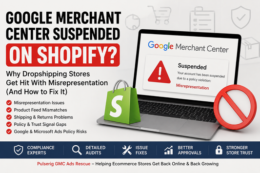 Google Merchant Center suspended Shopify dropshipping misrepresentation fix guide by Pulserig