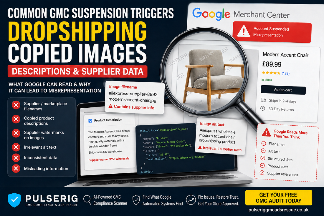 Google Merchant Center misrepresentation suspension infographic showing dropshipping risks including copied supplier images, product descriptions, filenames, alt text and inconsistent product data