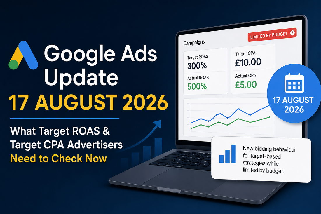 Google Ads August 2026 update covering Target ROAS, Target CPA and Limited by budget campaign changes for ecommerce advertisers.