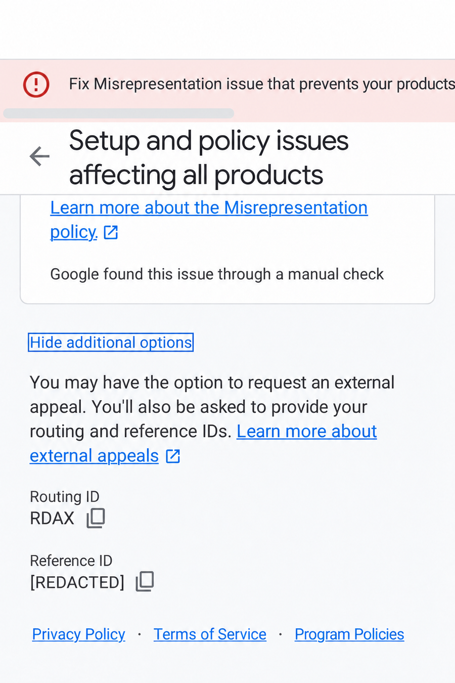 Google Merchant Center misrepresentation suspension showing the external appeal option, RDAX routing ID and redacted reference ID.