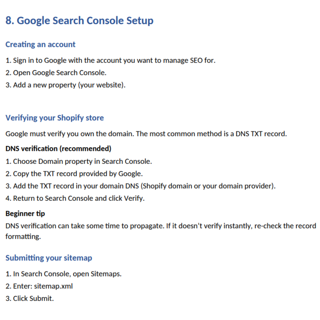 Instructions for Google Search Console setup on a white background