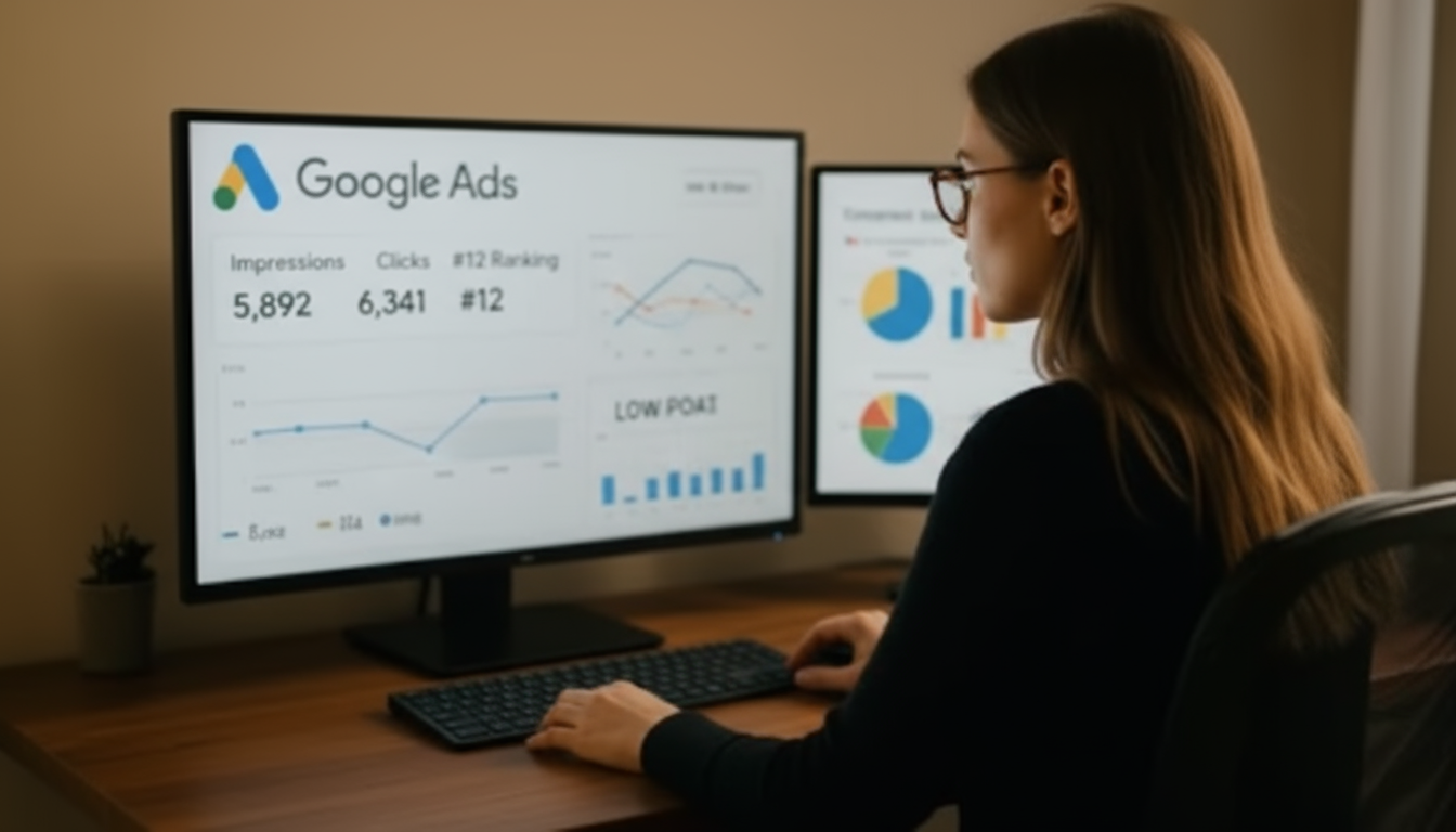 Person analyzing Google Ads data on a computer screen in a home office setting.