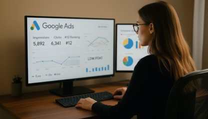 Person analyzing Google Ads data on a computer screen in a home office setting.