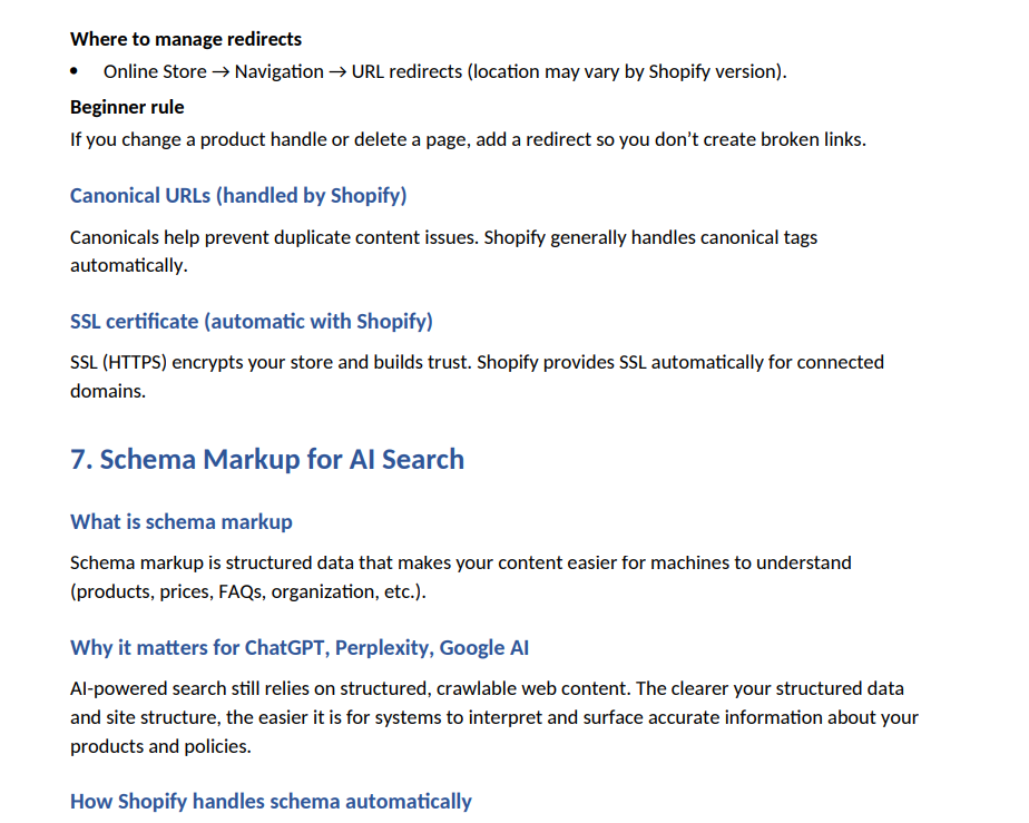  Shopify documentation on managing redirects, canonical URLs, SSL certificate, and schema markup for AI search.