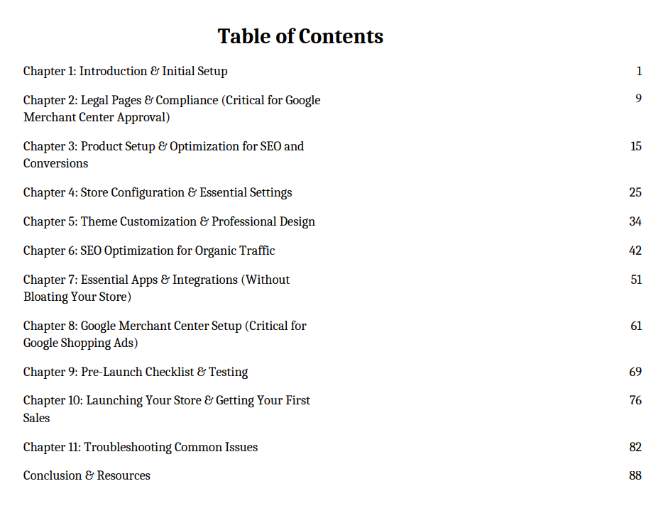 Table of contents for a guide on setting up and optimizing an e-commerce store.