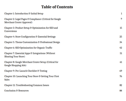 Table of contents for a guide on setting up and optimizing an e-commerce store.