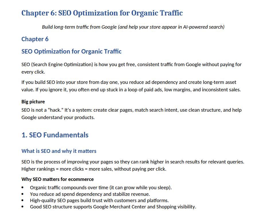 Text document on SEO optimization for organic traffic with a white background