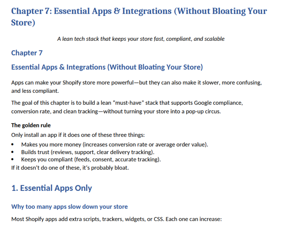 Text document on essential apps and integrations for a Shopify store, focusing on lean tech stack.