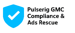 Logo for Pulserig GMC Compliance & Ads Rescue with a blue shield and white checkmark on a white background.